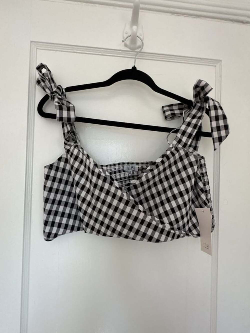 Gingham Crop Top Black White Bow Strap Smocked Cottagecore Farmhouse XL